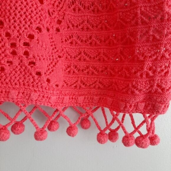 LILLY PULITZER / Pom-Pom Trim V-Neck Knit / Crochet Tunic Top Bright Pink Sz M - Picture 5 of 16
